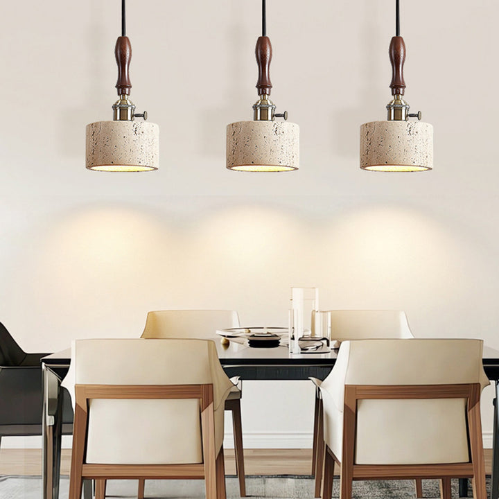 Traditional Japanese Travertine Oak Wood Copper Aluminum Cylinder Liftable 1-Light Pendant Light For Bedside