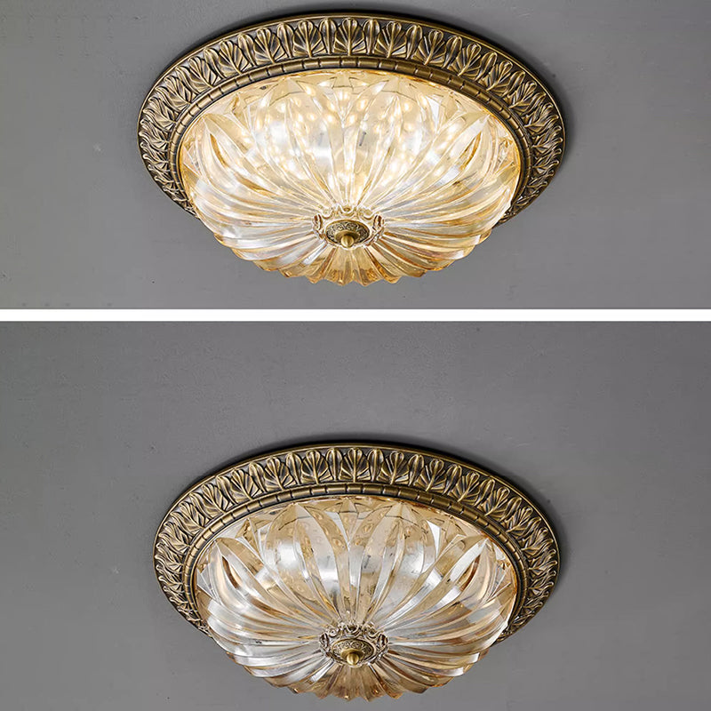 Traditional European Copper Glass Round Relief Sculpture LED Flush Mount Ceiling Light For Bedroom