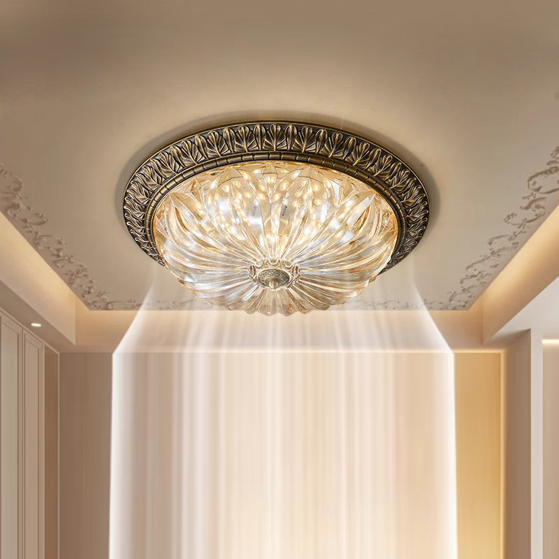 Traditional European Copper Glass Round Relief Sculpture LED Flush Mount Ceiling Light For Bedroom