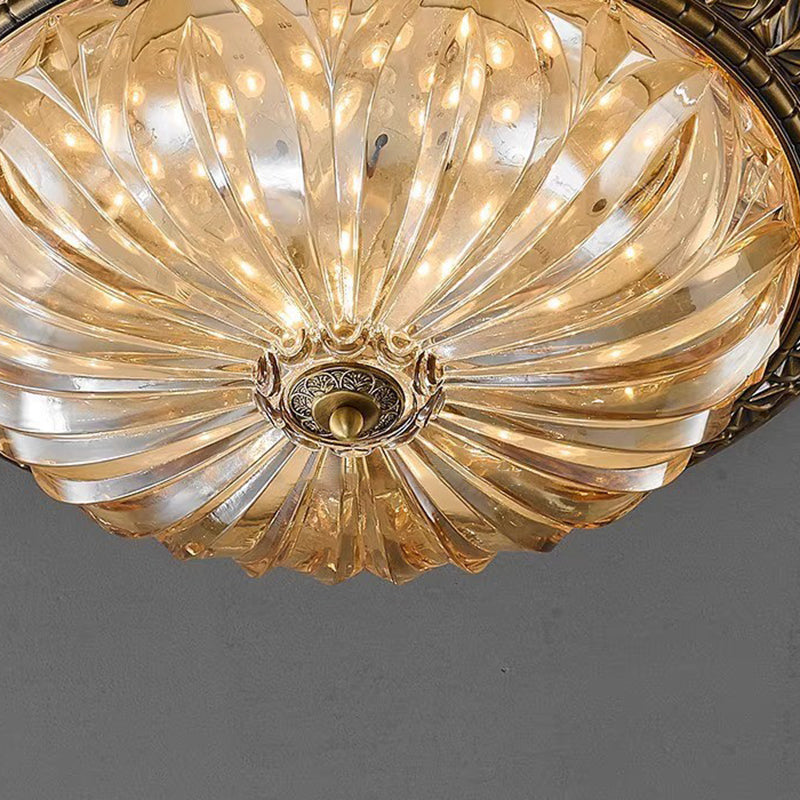 Traditional European Copper Glass Round Relief Sculpture LED Flush Mount Ceiling Light For Bedroom