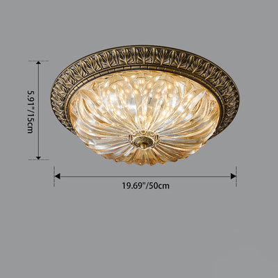 Traditional European Copper Glass Round Relief Sculpture LED Flush Mount Ceiling Light For Bedroom