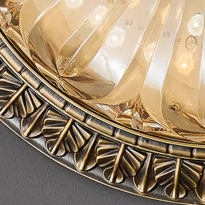 Traditional European Copper Glass Round Relief Sculpture LED Flush Mount Ceiling Light For Bedroom