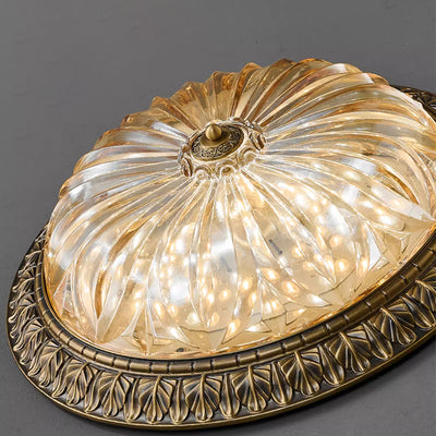 Traditional European Copper Glass Round Relief Sculpture LED Flush Mount Ceiling Light For Bedroom