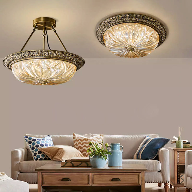 Traditional European Copper Glass Round Relief Sculpture LED Flush Mount Ceiling Light For Bedroom