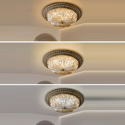 Traditional European Copper Glass Round Relief Sculpture LED Flush Mount Ceiling Light For Bedroom