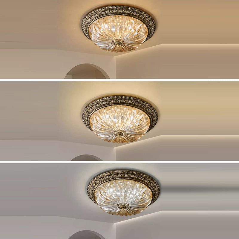 Traditional European Copper Glass Round Relief Sculpture LED Flush Mount Ceiling Light For Bedroom