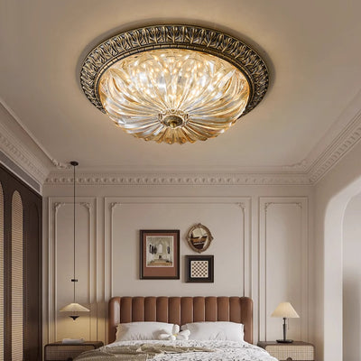 Traditional European Copper Glass Round Relief Sculpture LED Flush Mount Ceiling Light For Bedroom