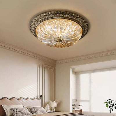 Traditional European Copper Glass Round Relief Sculpture LED Flush Mount Ceiling Light For Bedroom