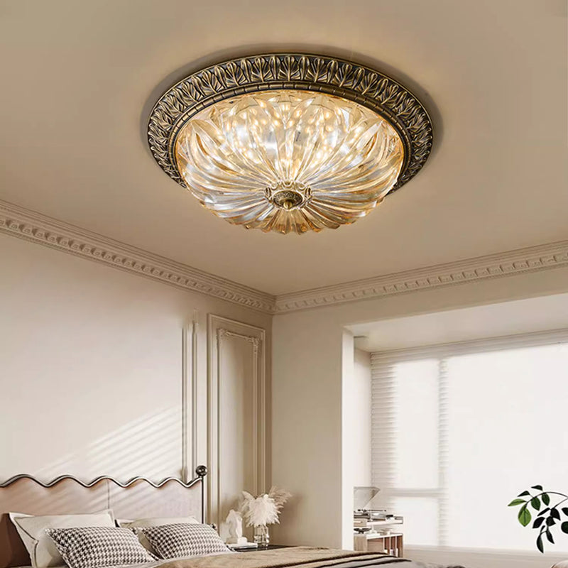 Traditional European Copper Glass Round Relief Sculpture LED Flush Mount Ceiling Light For Bedroom