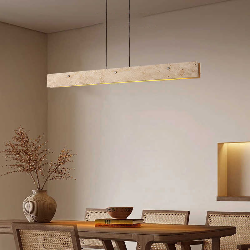 Traditionelle japanische Travertin-Aluminium-Streifen-Rechteck-LED-Kronleuchter-Insellicht für das Esszimmer 
