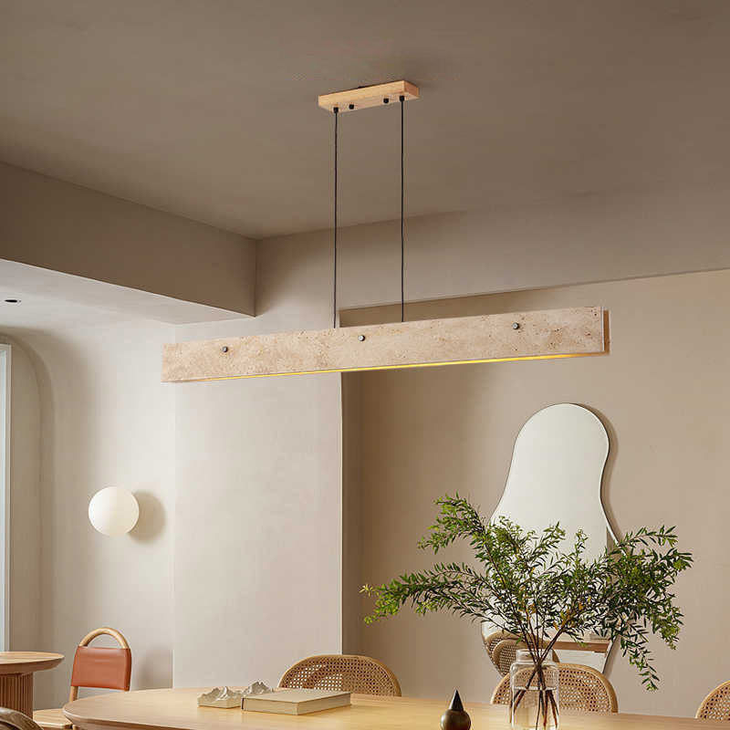 Traditionelle japanische Travertin-Aluminium-Streifen-Rechteck-LED-Kronleuchter-Insellicht für das Esszimmer 