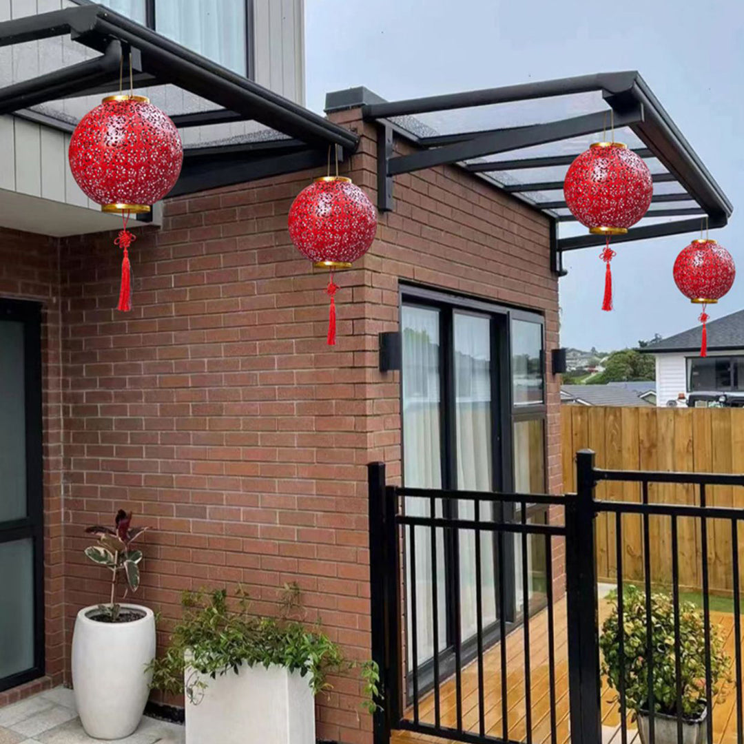 Lanterne en fer creusée étanche solaire traditionnelle chinoise LED lumière extérieure éclairage paysager pour jardin 