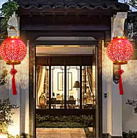 Lanterne en fer creusée étanche solaire traditionnelle chinoise LED lumière extérieure éclairage paysager pour jardin 