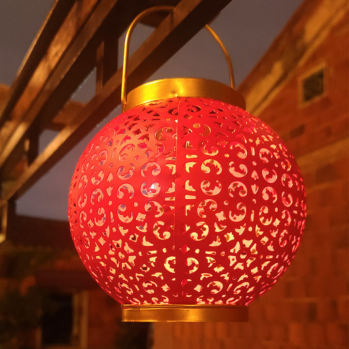 Lanterne en fer creusée étanche solaire traditionnelle chinoise LED lumière extérieure éclairage paysager pour jardin 