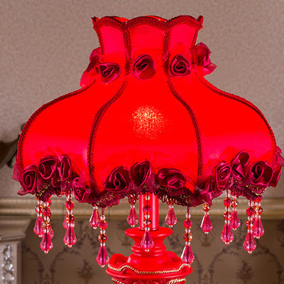 Traditional European Fabric Resin Rose Carved Column Beads Wedding Decoration 1-Light Table Lamp For Bedside