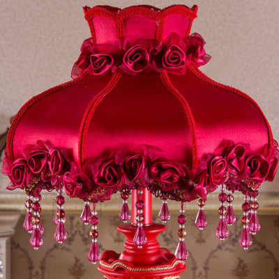 Traditional European Fabric Resin Rose Carved Column Beads Wedding Decoration 1-Light Table Lamp For Bedside