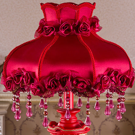 Traditional European Fabric Resin Rose Carved Column Beads Wedding Decoration 1-Light Table Lamp For Bedside