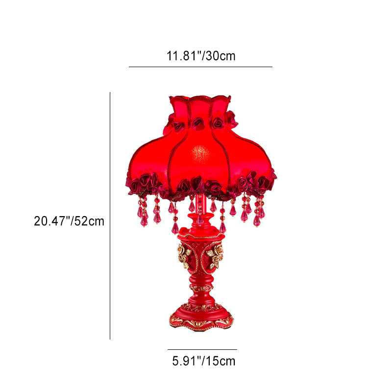 Traditional European Fabric Resin Rose Carved Column Beads Wedding Decoration 1-Light Table Lamp For Bedside