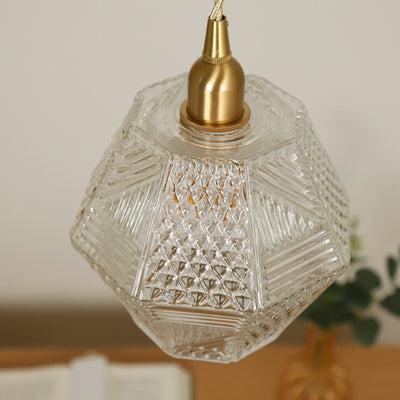 Moderne Mid-Century Messing Glas Diamant Textur 1-Licht Pendelleuchte für Esszimmer 