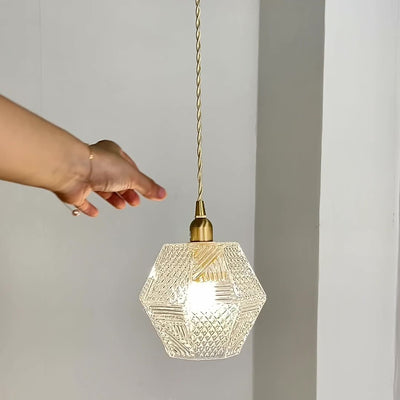 Moderne Mid-Century Messing Glas Diamant Textur 1-Licht Pendelleuchte für Esszimmer 