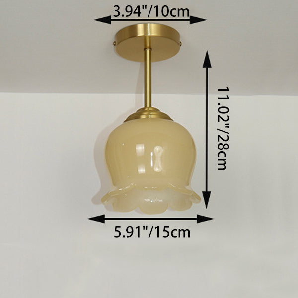 Traditional French Brass Resin Bell Orchid 1-Light Semi-Flush Mount Ceiling Light For Hallway