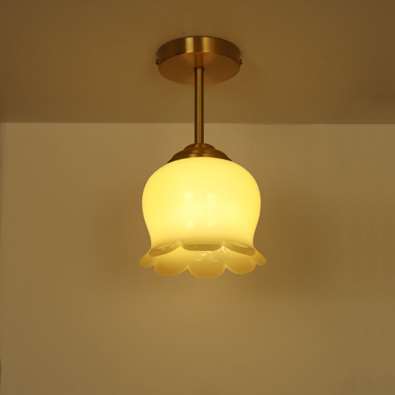 Traditional French Brass Resin Bell Orchid 1-Light Semi-Flush Mount Ceiling Light For Hallway