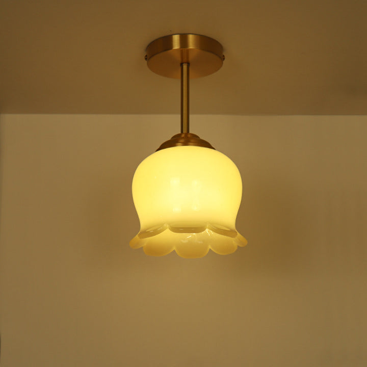 Traditional French Brass Resin Bell Orchid 1-Light Semi-Flush Mount Ceiling Light For Hallway