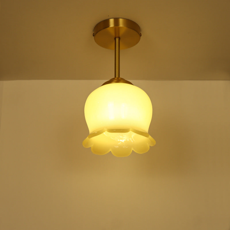 Traditional French Brass Resin Bell Orchid 1-Light Semi-Flush Mount Ceiling Light For Hallway