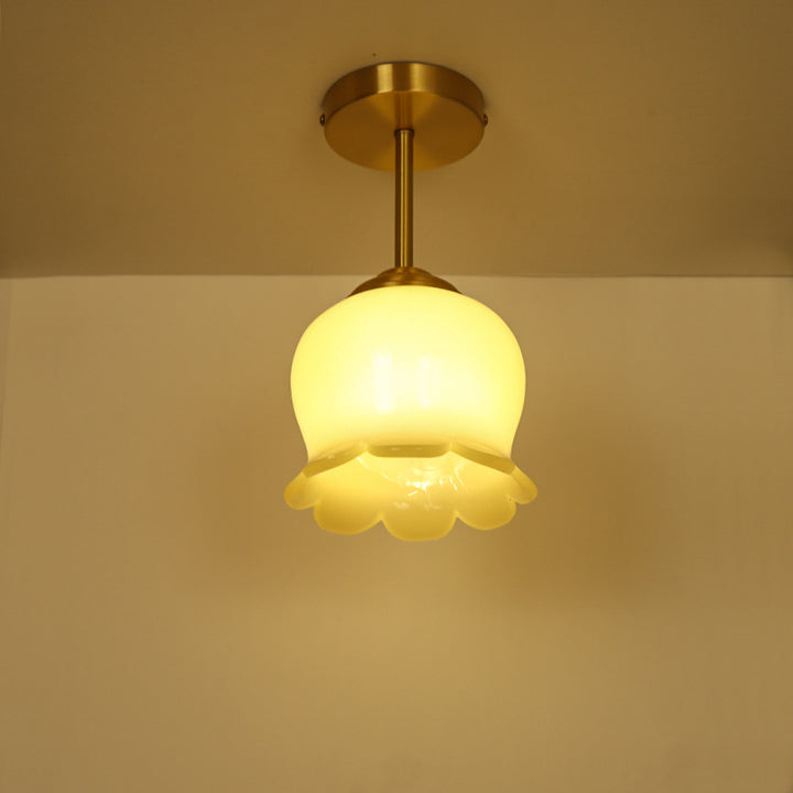 Traditional French Brass Resin Bell Orchid 1-Light Semi-Flush Mount Ceiling Light For Hallway