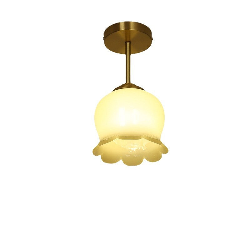 Traditional French Brass Resin Bell Orchid 1-Light Semi-Flush Mount Ceiling Light For Hallway