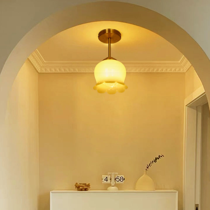 Traditional French Brass Resin Bell Orchid 1-Light Semi-Flush Mount Ceiling Light For Hallway