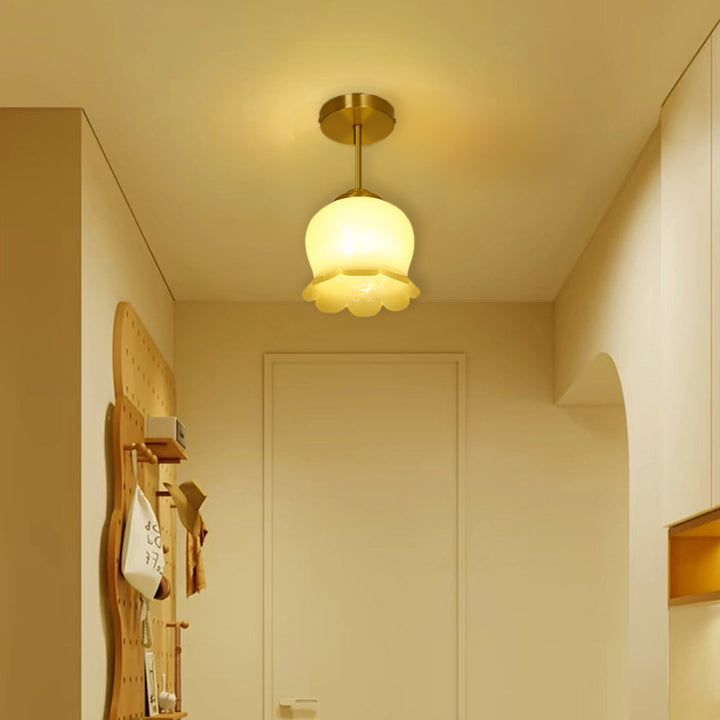 Traditional French Brass Resin Bell Orchid 1-Light Semi-Flush Mount Ceiling Light For Hallway