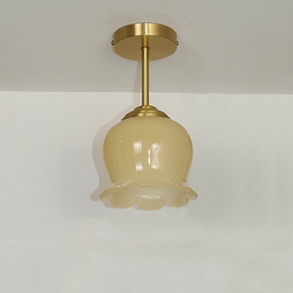 Traditional French Brass Resin Bell Orchid 1-Light Semi-Flush Mount Ceiling Light For Hallway