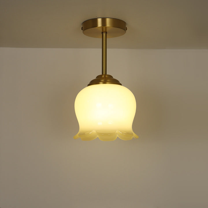 Traditional French Brass Resin Bell Orchid 1-Light Semi-Flush Mount Ceiling Light For Hallway