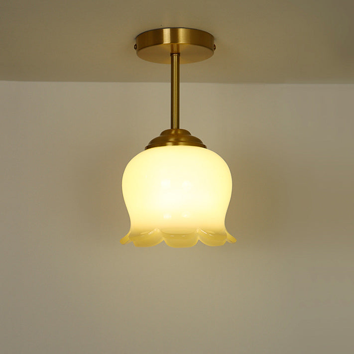 Traditional French Brass Resin Bell Orchid 1-Light Semi-Flush Mount Ceiling Light For Hallway