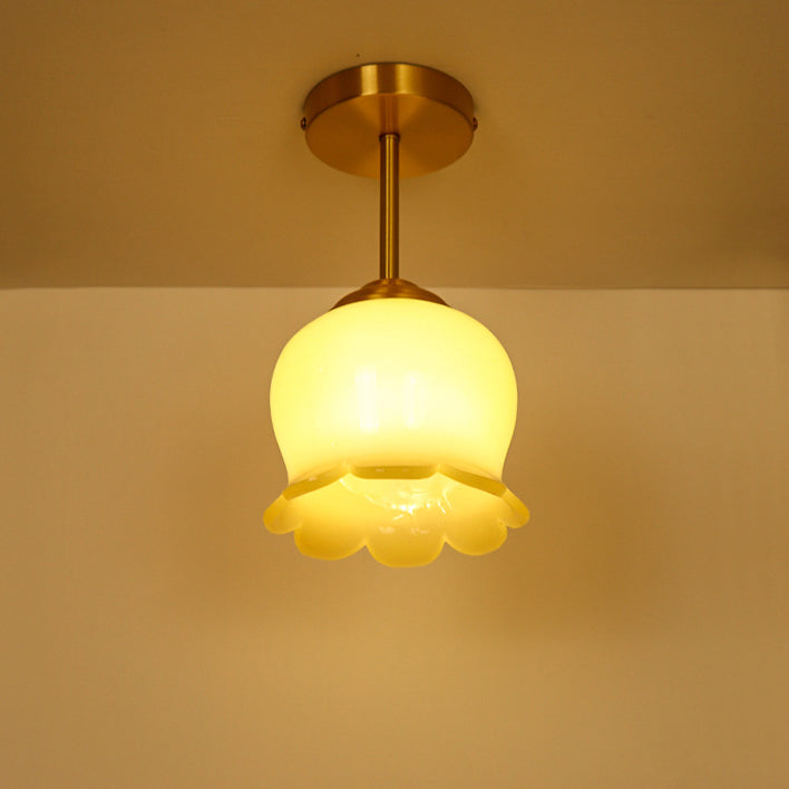 Traditional French Brass Resin Bell Orchid 1-Light Semi-Flush Mount Ceiling Light For Hallway