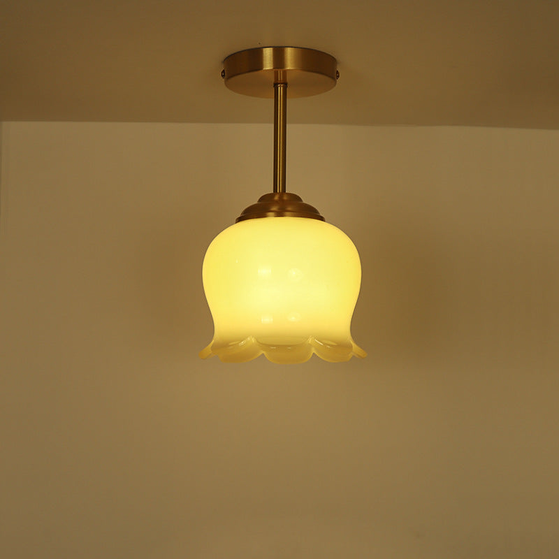 Traditional French Brass Resin Bell Orchid 1-Light Semi-Flush Mount Ceiling Light For Hallway