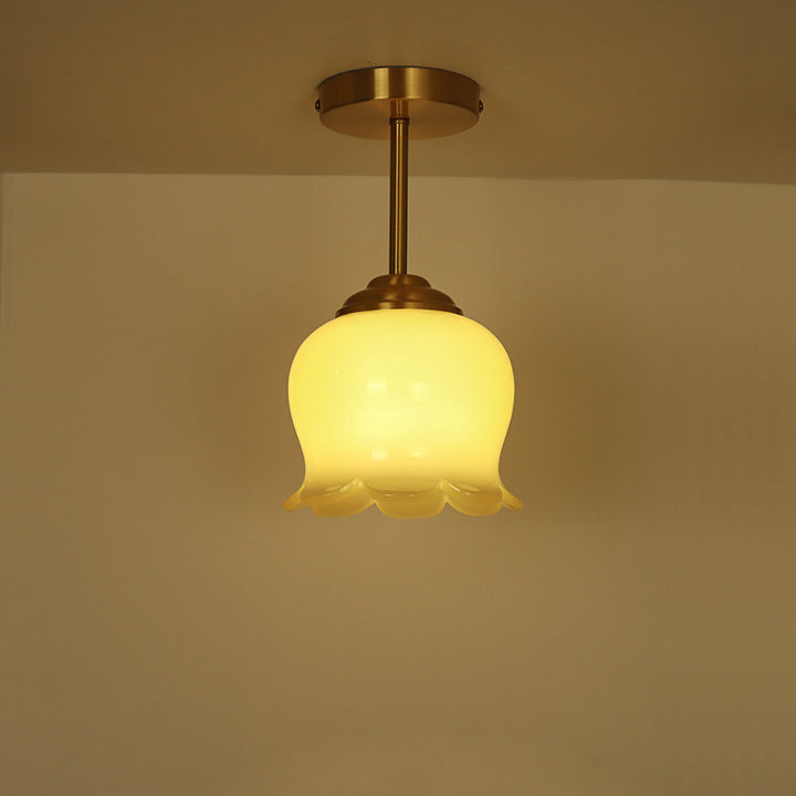 Traditional French Brass Resin Bell Orchid 1-Light Semi-Flush Mount Ceiling Light For Hallway