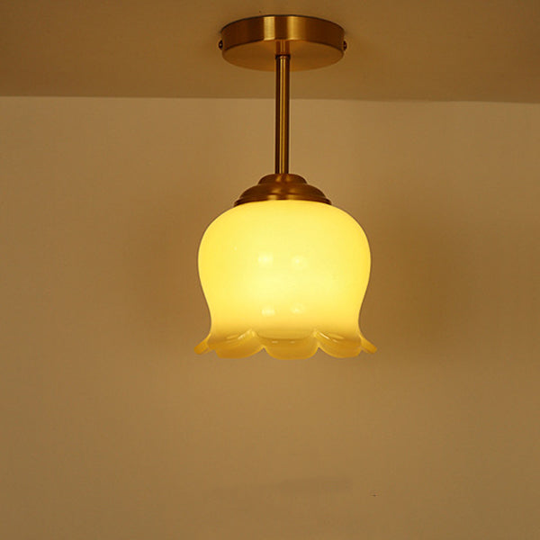 Traditional French Brass Resin Bell Orchid 1-Light Semi-Flush Mount Ceiling Light For Hallway