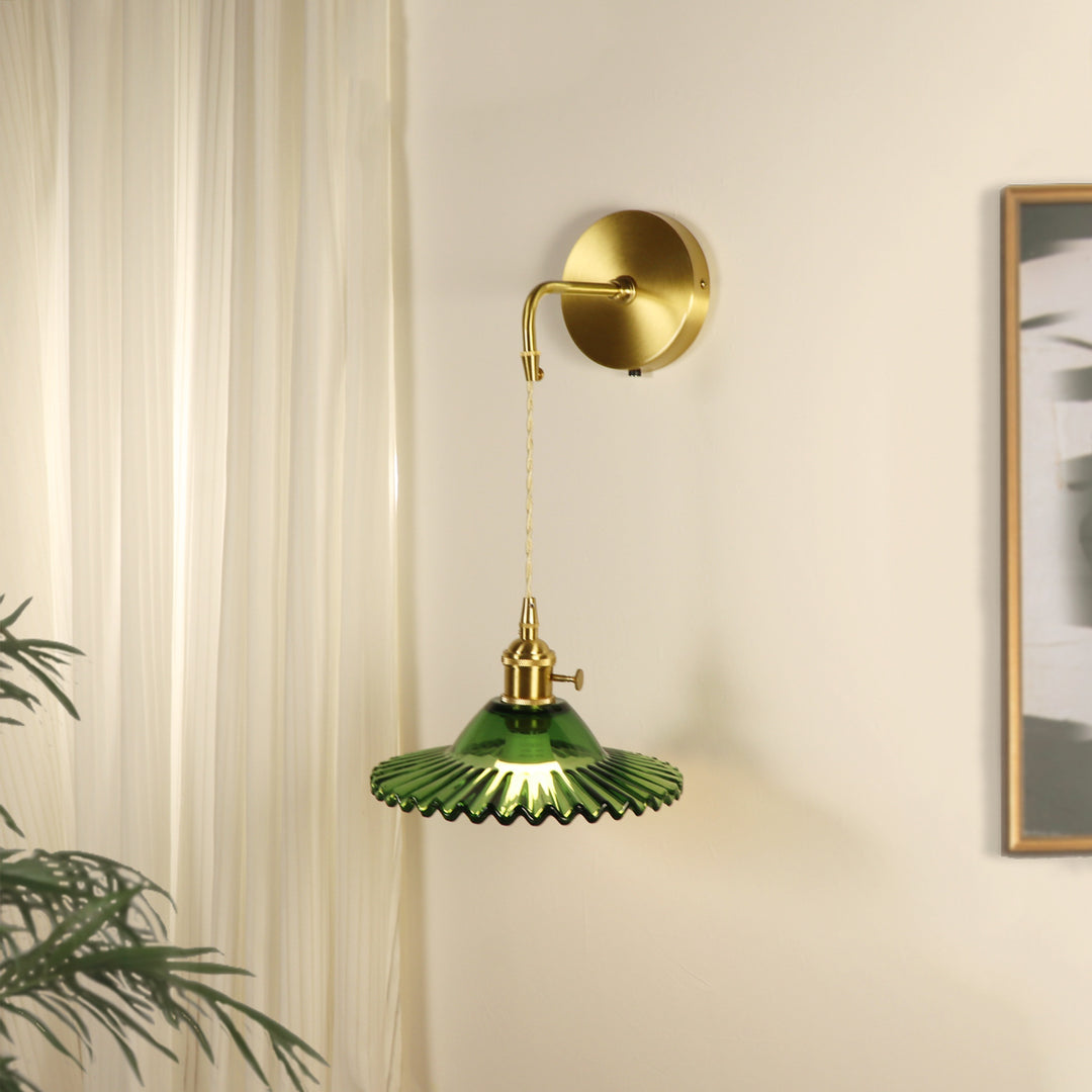 Contemporary Retro Rechargeable Brass Glass Scalloped Skirt 1-Light Wall Sconce Lamp For Bedside