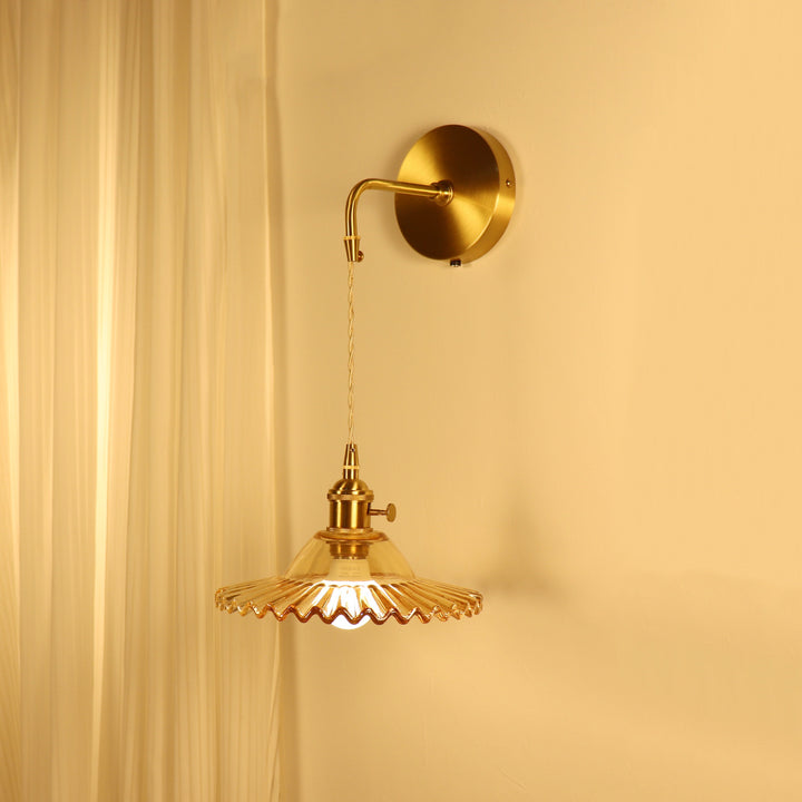 Contemporary Retro Rechargeable Brass Glass Scalloped Skirt 1-Light Wall Sconce Lamp For Bedside