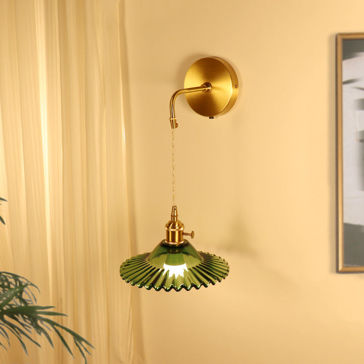 Contemporary Retro Rechargeable Brass Glass Scalloped Skirt 1-Light Wall Sconce Lamp For Bedside