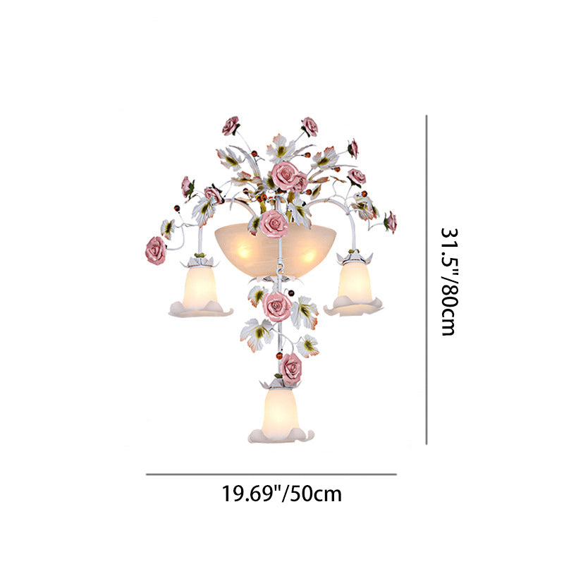 Traditional Farmhouse Ceramic Iron Glass Handmade Floral Rose 5-Light Wall Sconce Lamp For Hallway
