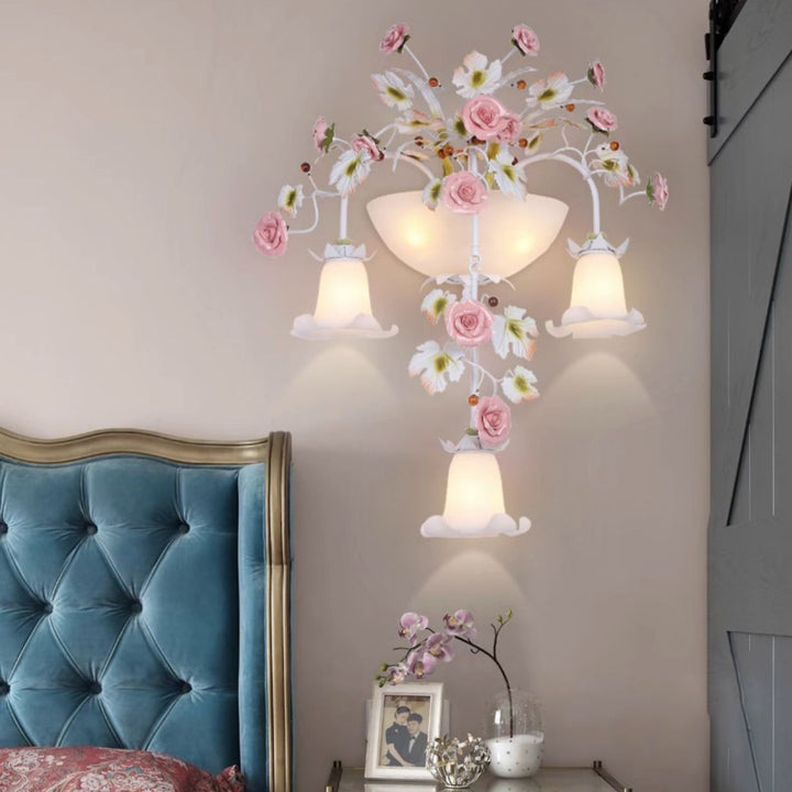 Traditional Farmhouse Ceramic Iron Glass Handmade Floral Rose 5-Light Wall Sconce Lamp For Hallway