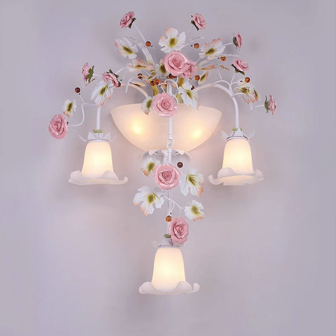Traditional Farmhouse Ceramic Iron Glass Handmade Floral Rose 5-Light Wall Sconce Lamp For Hallway
