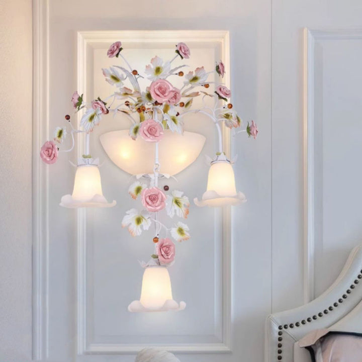 Traditional Farmhouse Ceramic Iron Glass Handmade Floral Rose 5-Light Wall Sconce Lamp For Hallway