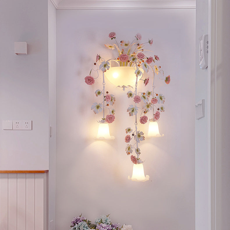 Traditional Farmhouse Ceramic Iron Glass Handmade Floral Rose 5-Light Wall Sconce Lamp For Hallway