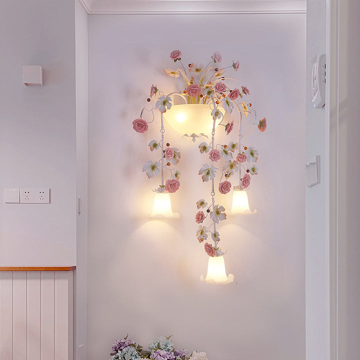 Traditional Farmhouse Ceramic Iron Glass Handmade Floral Rose 5-Light Wall Sconce Lamp For Hallway
