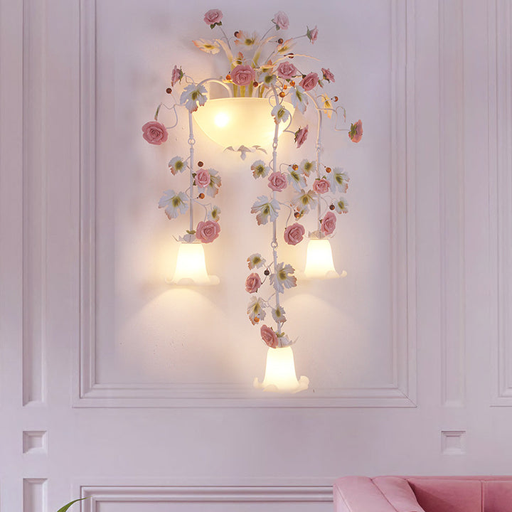 Traditional Farmhouse Ceramic Iron Glass Handmade Floral Rose 5-Light Wall Sconce Lamp For Hallway