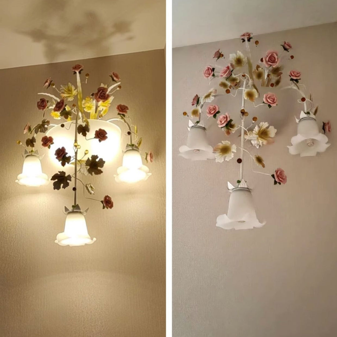 Traditional Farmhouse Ceramic Iron Glass Handmade Floral Rose 5-Light Wall Sconce Lamp For Hallway